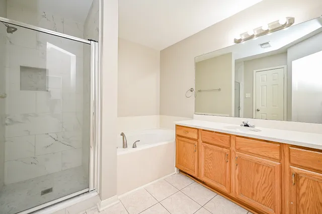 a bathroom with a tub sink shower and mirror