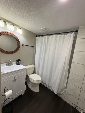 a bathroom with a toilet a sink a mirror and vanity