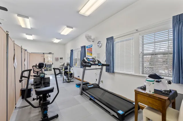 a living room with furniture a rug and a bookshelf