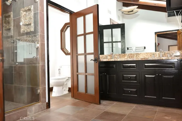 a bathroom with a granite countertop sink a toilet and a shower