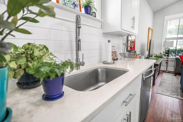 a kitchen with a sink a faucet and potted plant