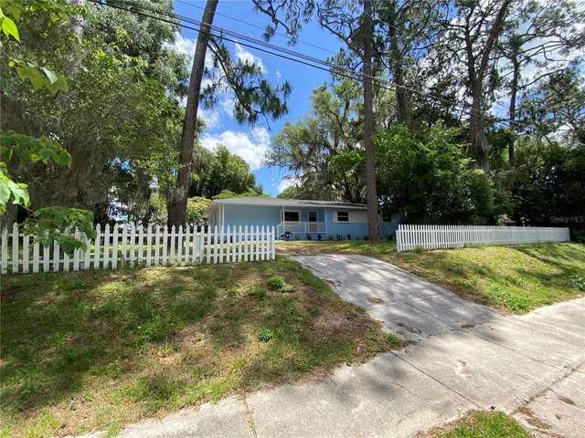 a view of a yard with plants and trees