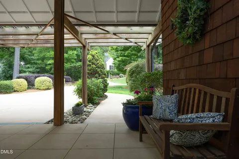 a view of a garden with plants and large trees