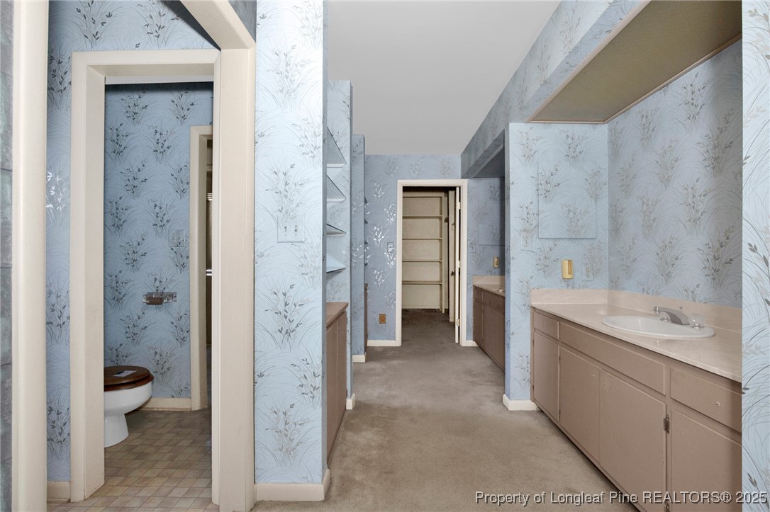 549 Rainforest Road Hope Mills, NC 28348 - Photo 18 of 40 a bathroom with a granite countertop sink a toilet and shower