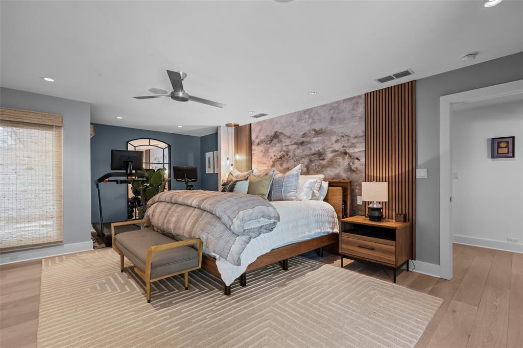 6117 Merrymount Road Westover Hills, TX 76107 - Photo 21 of 39 Bedroom with an accent wall, recessed lighting, light wood finished floors, and a ceiling fan
