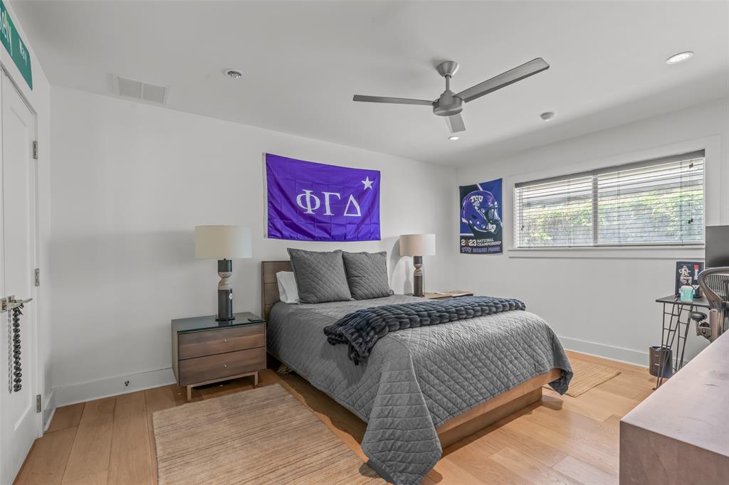 6117 Merrymount Road Westover Hills, TX 76107 - Photo 27 of 39 Bedroom with light wood-type flooring, a ceiling fan, and recessed lighting