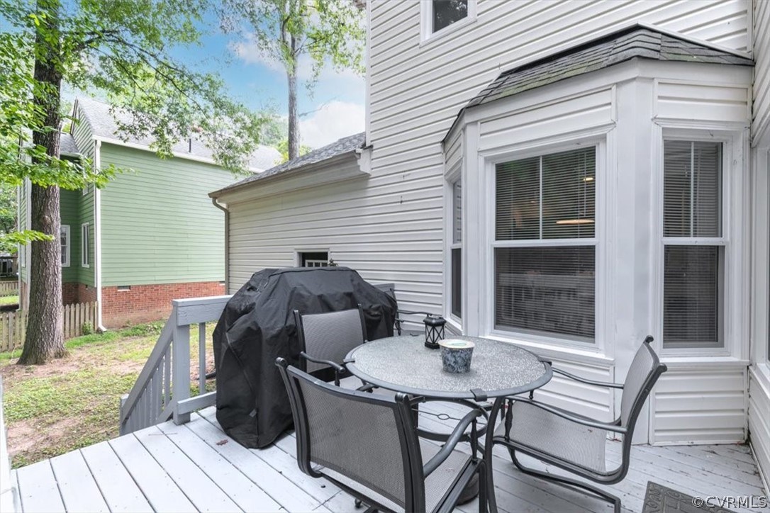 5705 Ridge Point Court Midlothian, VA 23112 - Photo 46 of 46 a view of a patio with table and chairs with wooden floor and fence