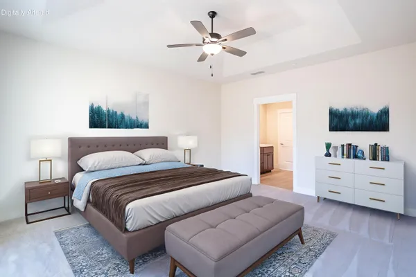 a spacious bedroom with a bed and a dresser