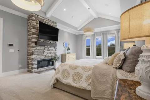 a bed room with furniture a flat screen tv and a fireplace