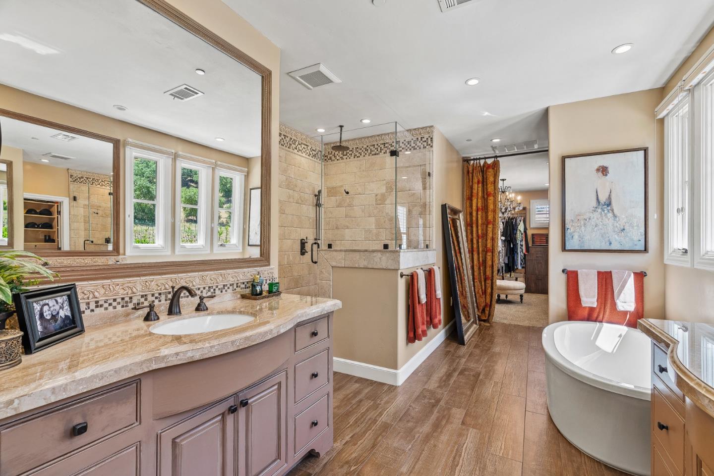 1405 Lakeview Court San Martin, CA 95046 - Photo 29 of 83 a spacious bathroom with a granite countertop tub sink a mirror a shower and vanity