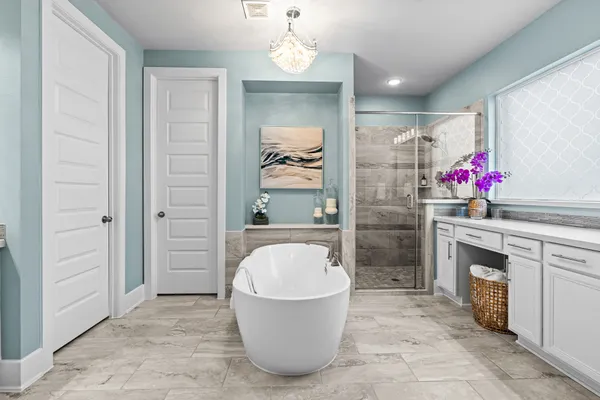a bathroom with a tub sink mirror and vanity