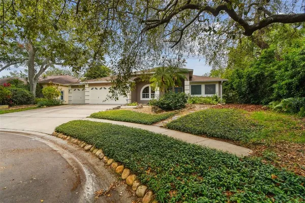 a front view of a house with a yard and trees