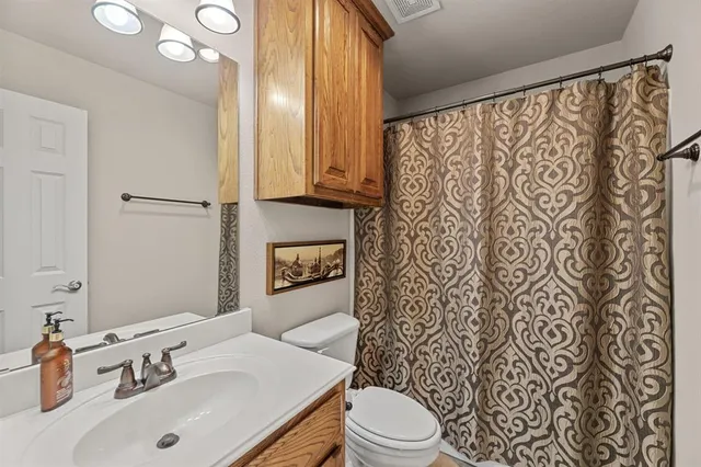 a bathroom with a sink a toilet and shower curtain