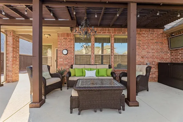 a building outdoor space with patio furniture