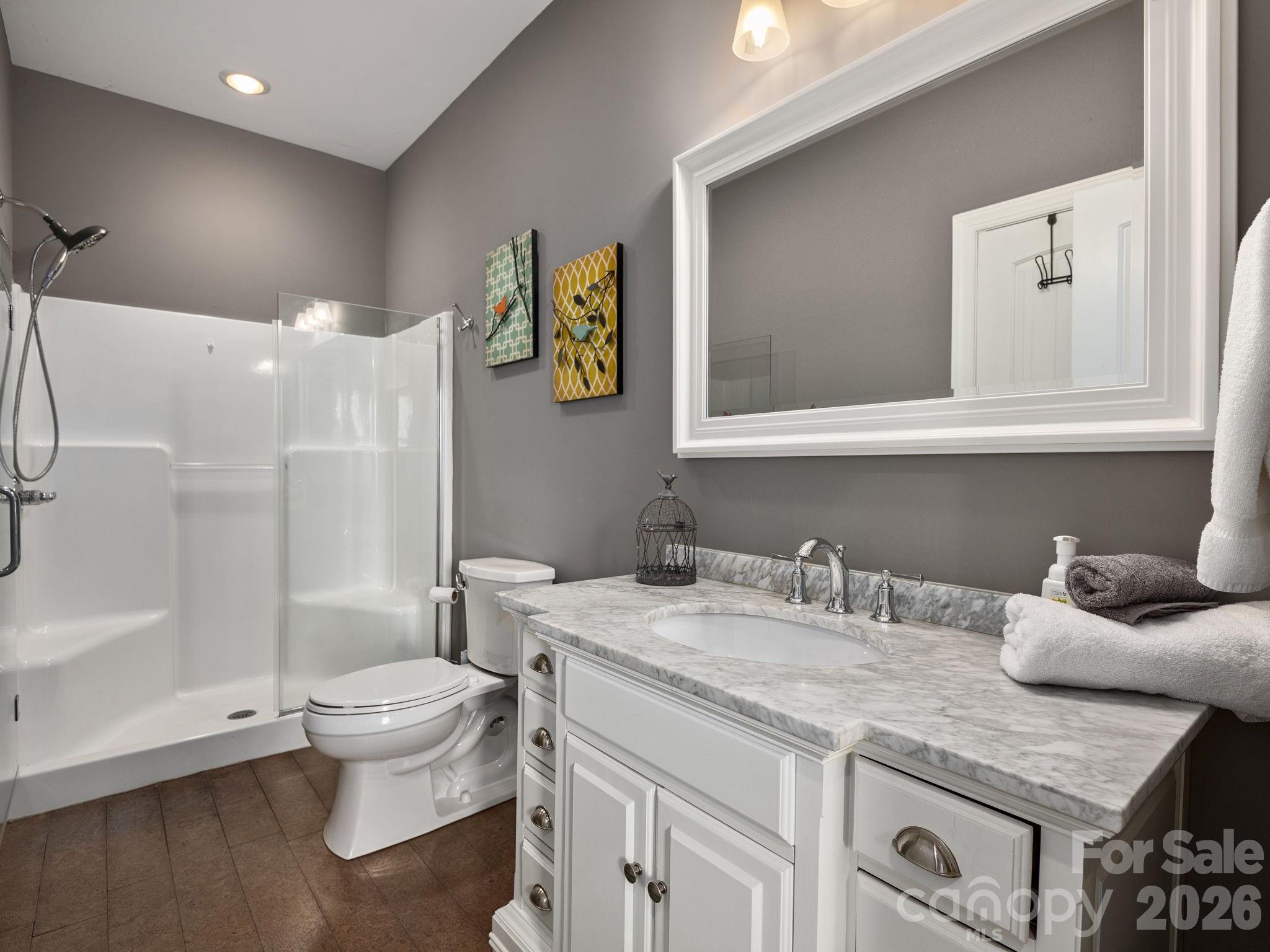 193 Youngs Cove Road Candler, NC 28715 - Photo 32 of 48 a bathroom with a granite countertop sink toilet and shower
