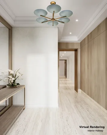 a hallway with a chandelier