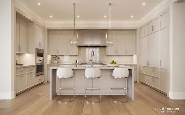 a kitchen with kitchen island white cabinets and stainless steel appliances
