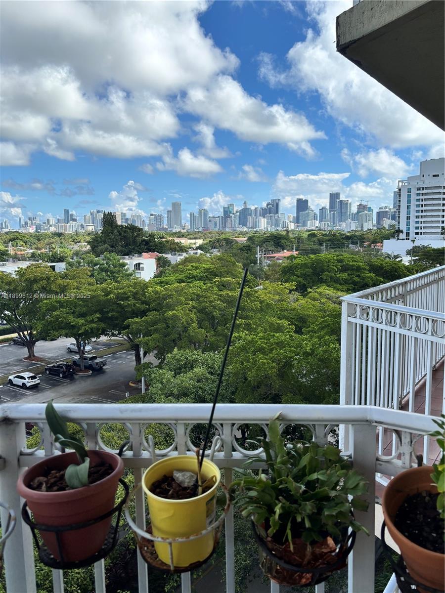 a view of a swimming pool with lawn chairs and potted plants