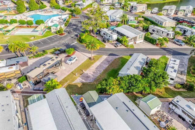 an aerial view of a house with a garden