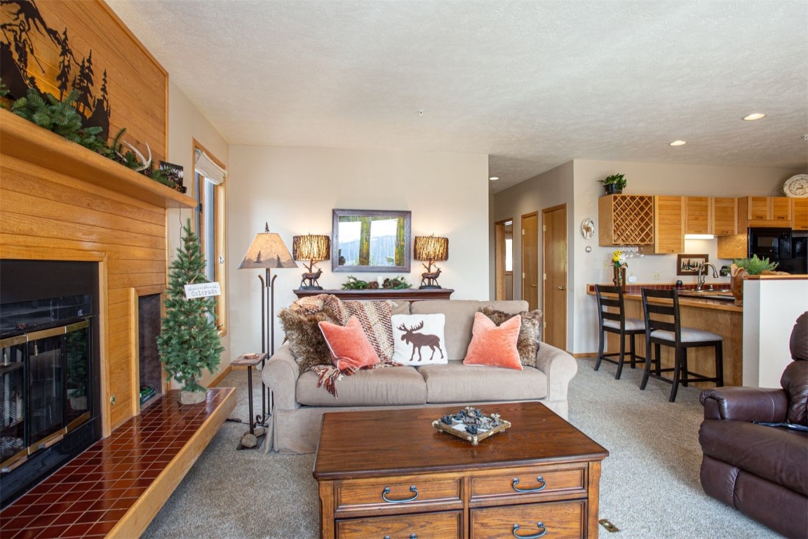 91400 Ryan Gulch Road, Unit 419 Silverthorne, CO 80498 - Photo 2 of 34 a living room with furniture a fireplace and a kitchen view