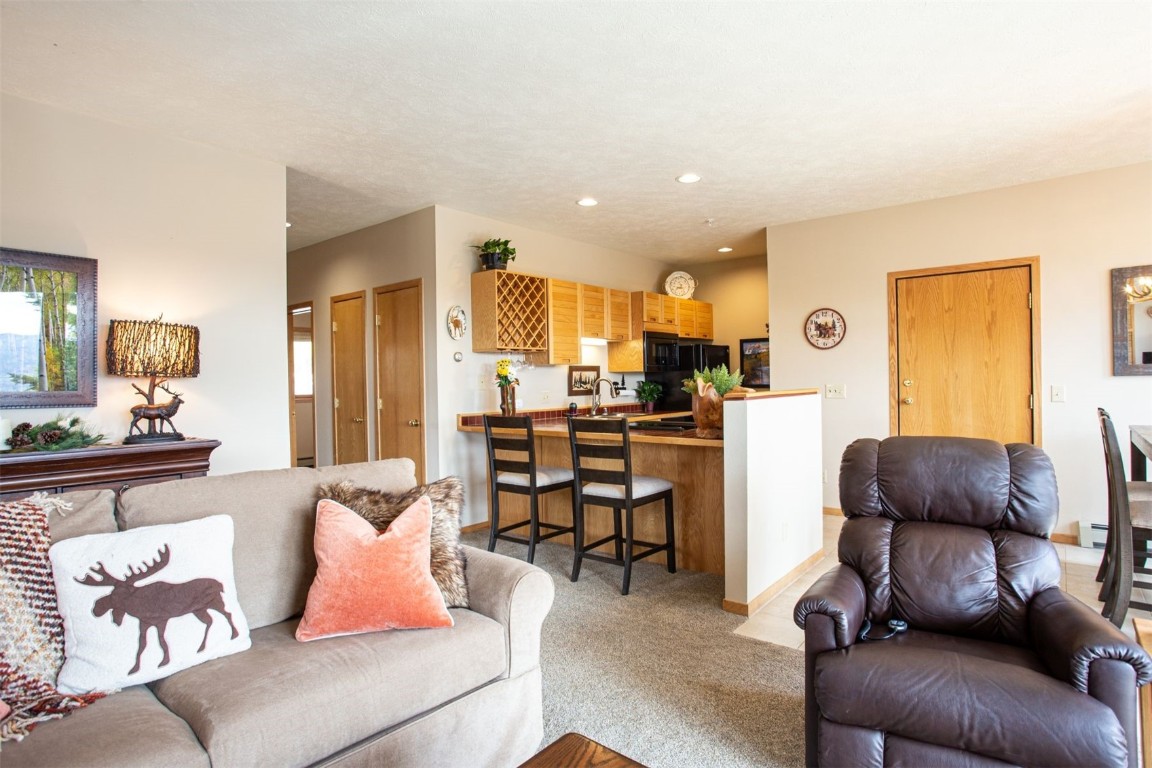 91400 Ryan Gulch Road, Unit 419 Silverthorne, CO 80498 - Photo 6 of 34 a living room with furniture and kitchen view