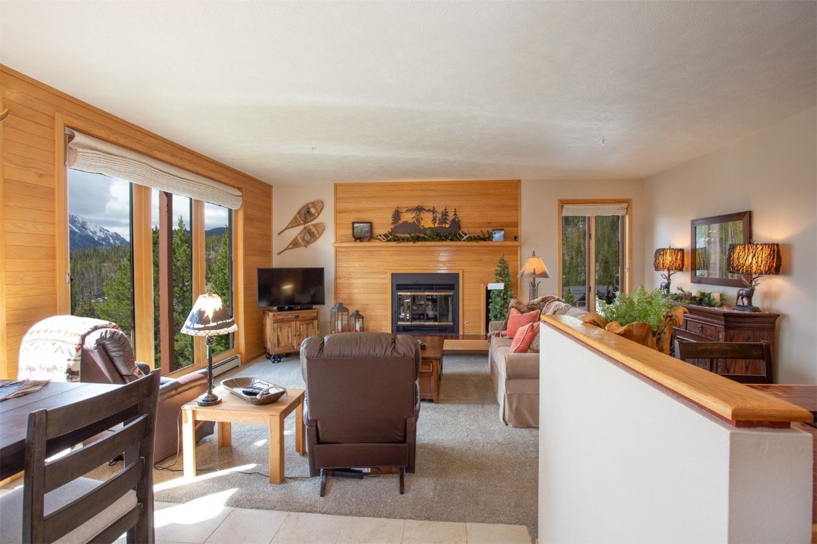91400 Ryan Gulch Road, Unit 419 Silverthorne, CO 80498 - Photo 7 of 34 a living room with furniture a fireplace and a flat screen tv