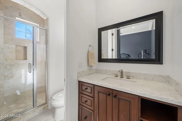 a bathroom with a toilet a sink a vanity and mirror