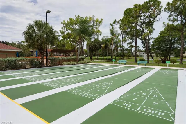 a view of a tennis ground with large trees