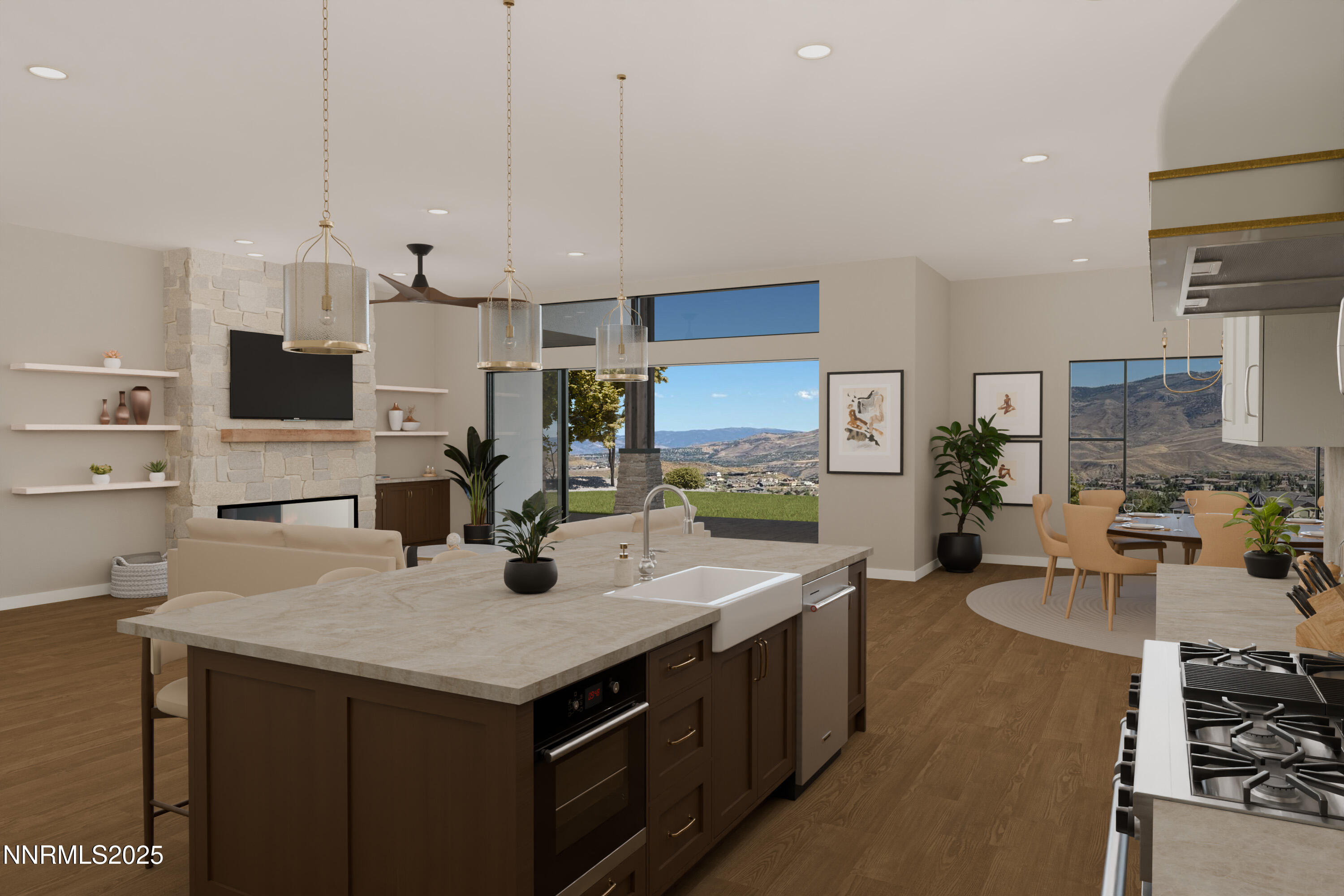 8674 Eagle Chase Trail, Unit PRIVATE GATED COMMY Reno, NV 89523 - Photo 5 of 18 a open kitchen with stainless steel appliances granite countertop a stove top oven a sink dishwasher and a refrigerator with wooden floor