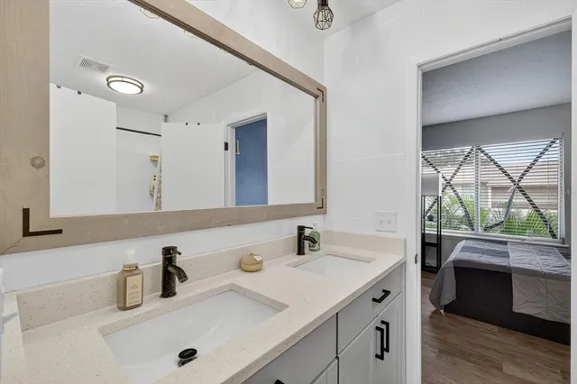 a bathroom with a sink and a mirror