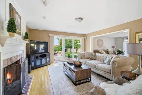 a living room with fireplace furniture and a flat screen tv