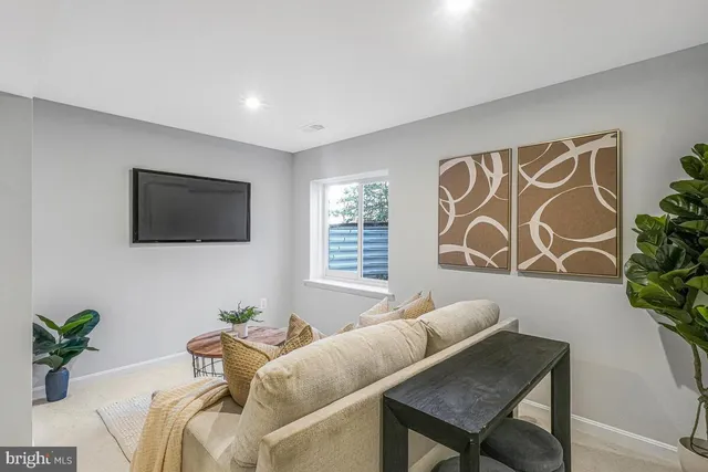 a living room with furniture and a potted plant