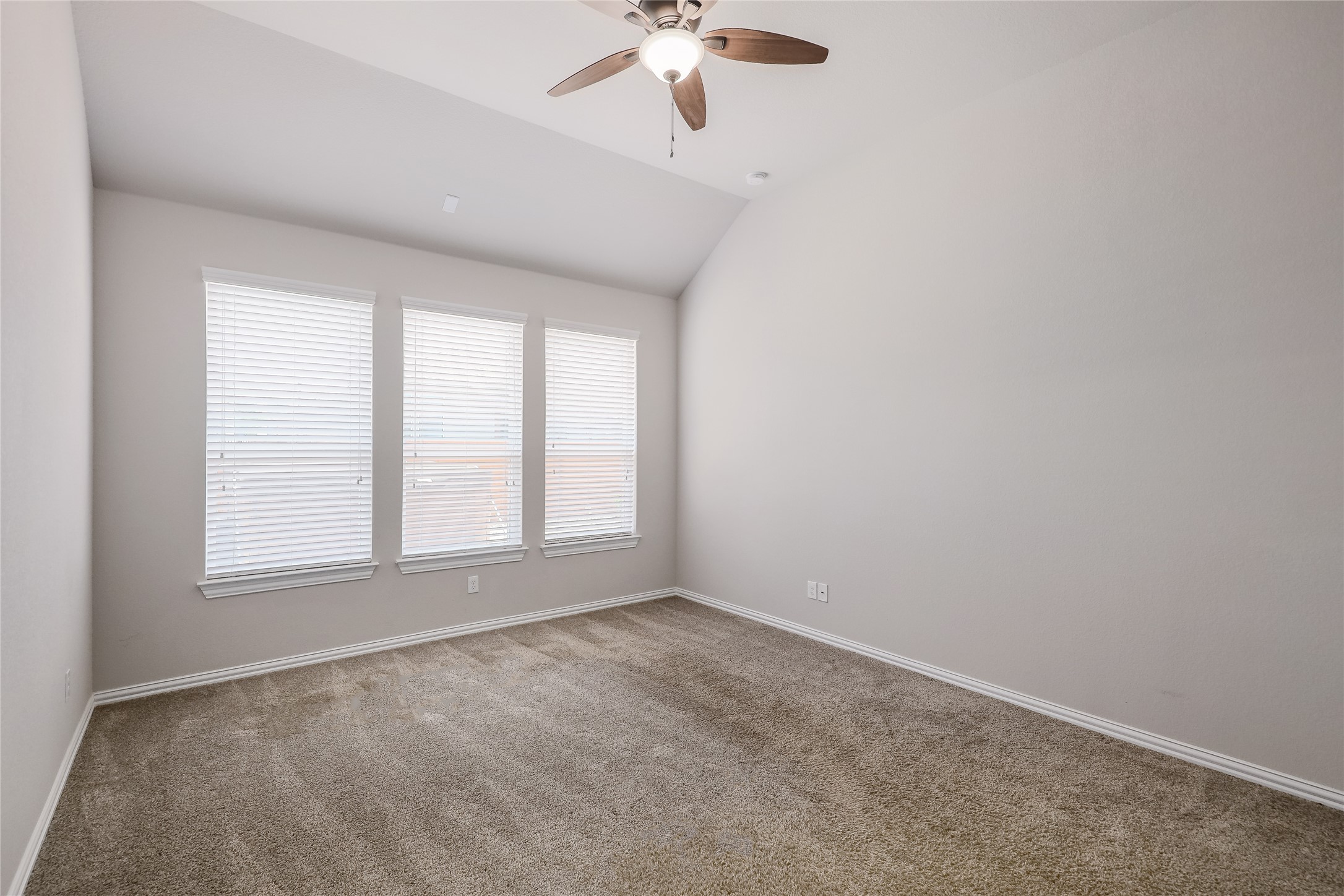 205 Penna Lane Georgetown, TX 78628 - Photo 14 of 32 A spacious bedroom features plush carpeting and a vaulted ceiling with an overhead fan for comfort.