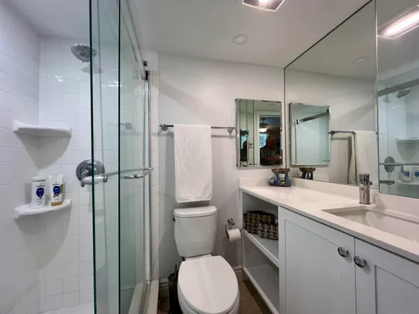 a bathroom with a sink a toilet a mirror and shower