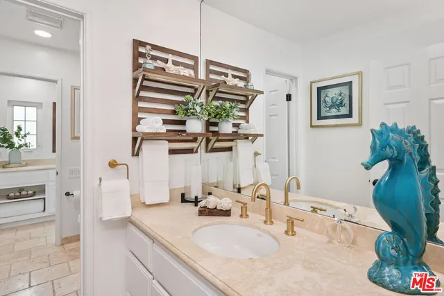 a bathroom with a sink a mirror and a potted plant