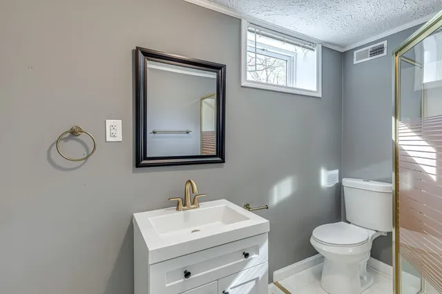 a bathroom with a toilet a sink and mirror