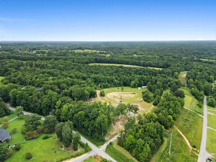 an aerial view of residential houses with outdoor space and trees