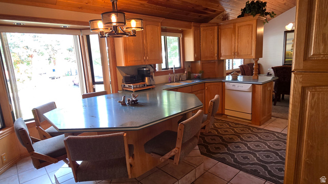 11077 Susan Drive Sandy, UT 84092 - Photo 10 of 20 Kitchen featuring a peninsula, light tile patterned floors, wooden ceiling, decorative light fixtures, and dishwasher
