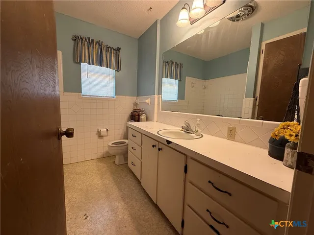 a bathroom with a sink a toilet and mirror