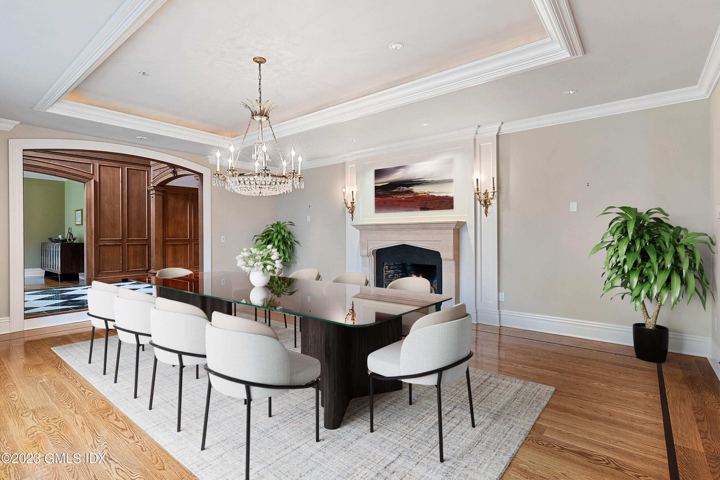 151 Clapboard Ridge Road Greenwich, CT 06831 - Photo 9 of 34 a living room with furniture a chandelier and a fireplace