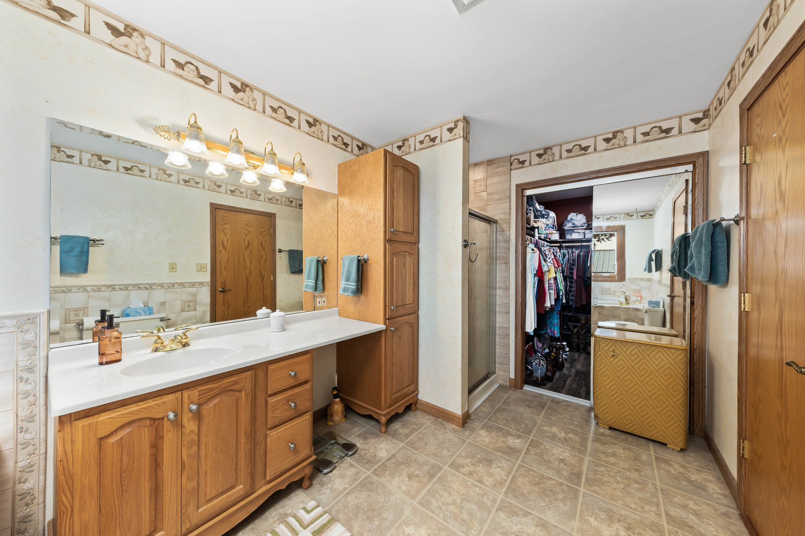 26310 South McKinley Woods Road Channahon, IL 60410 - Photo 24 of 49 a bathroom with a sink a mirror and a shower