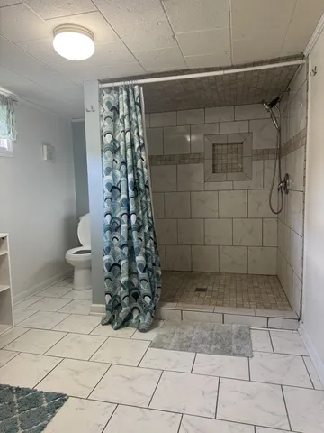 a bathroom with a toilet and a shower