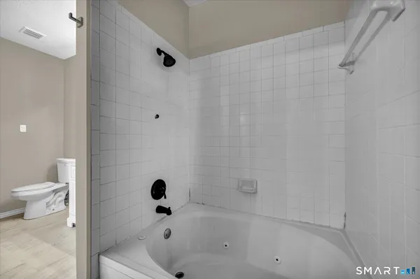 a bathroom with a bathtub and a toilet
