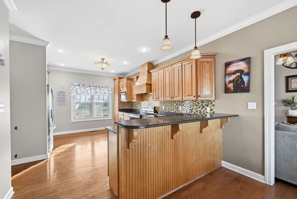 a view of a kitchen with kitchen island a counter space a sink and wooden floor