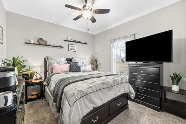 a bedroom with a bed and a chandelier