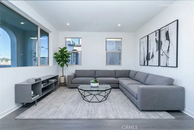 a living room with furniture and a potted plant