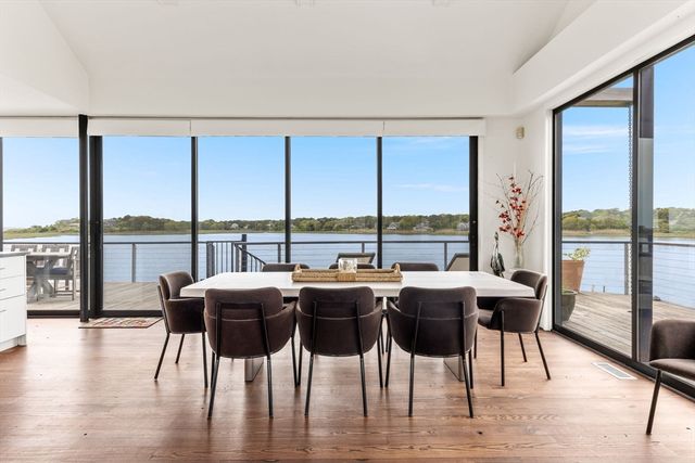 a dining room with furniture window and wooden floor