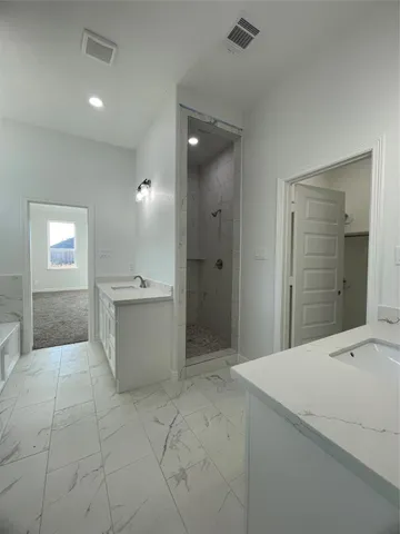 a bathroom with a tub shower a sink and mirror