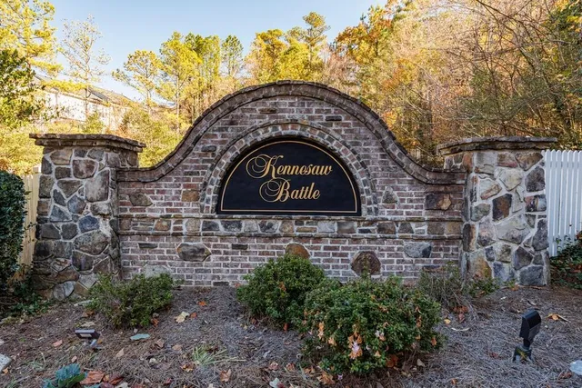 a view of a park with large trees