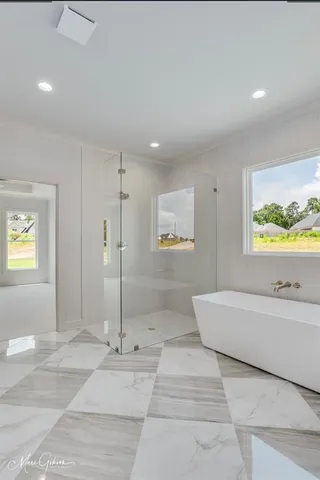 a bathroom with a tub a mirror and a shower